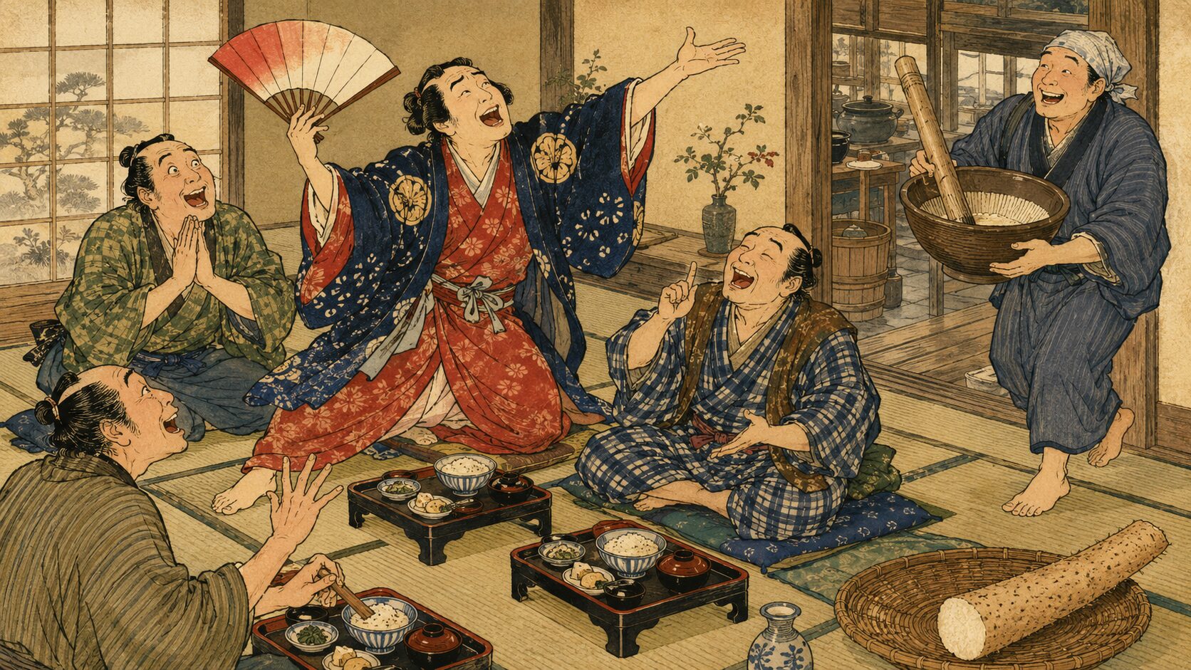 旅人たちが芸づくしでとろろ汁を催促する『とろろん』のサゲ前後を表した和風イラスト