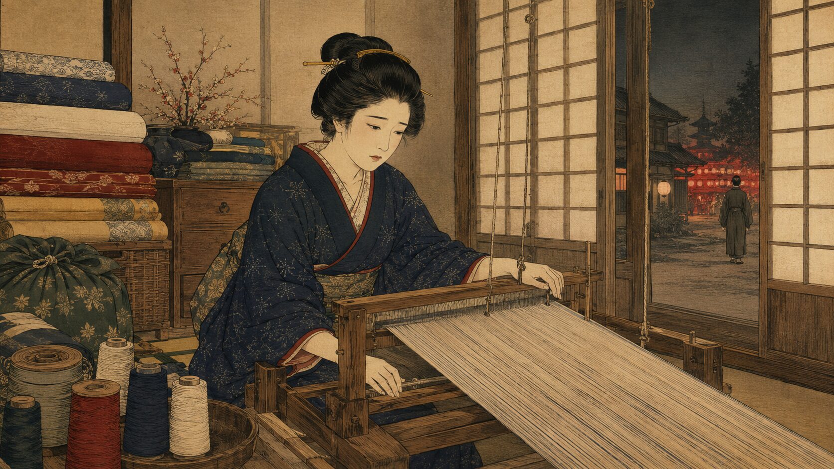 八王子の織物屋の女房が反物を前に夫の帰りを待つ『長襦袢』前半の場面