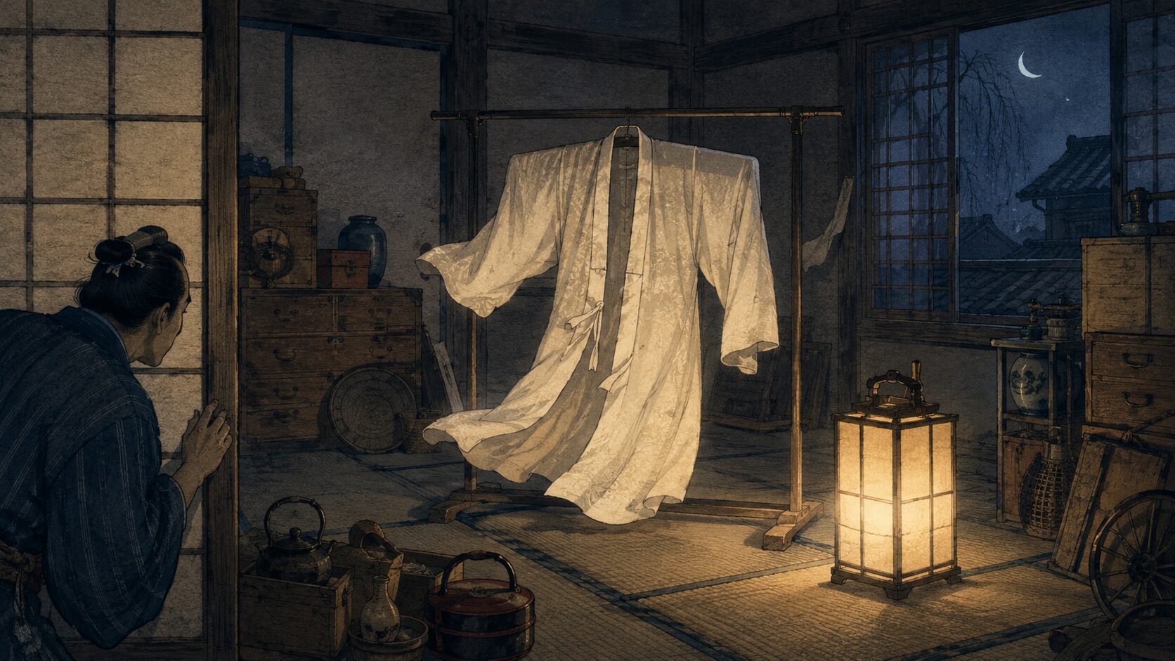 夜の長屋で行灯に照らされた長襦袢が動き出しそうな『長襦袢』の怪異を描いた和風イラスト