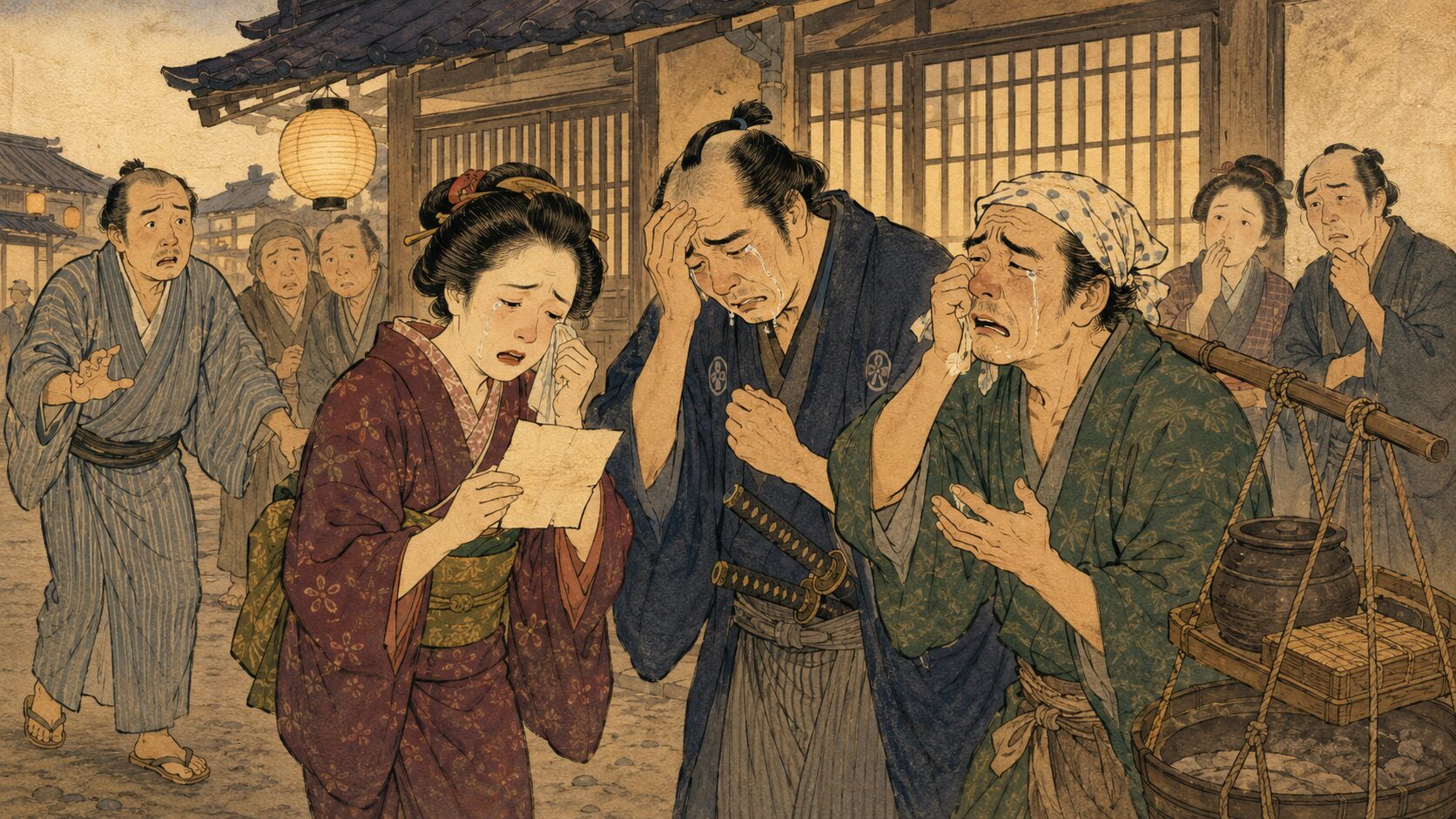 お花と侍と焼き塩売りがそれぞれ別の理由で泣く『泣き塩』のサゲ前後を描いた和風イラスト