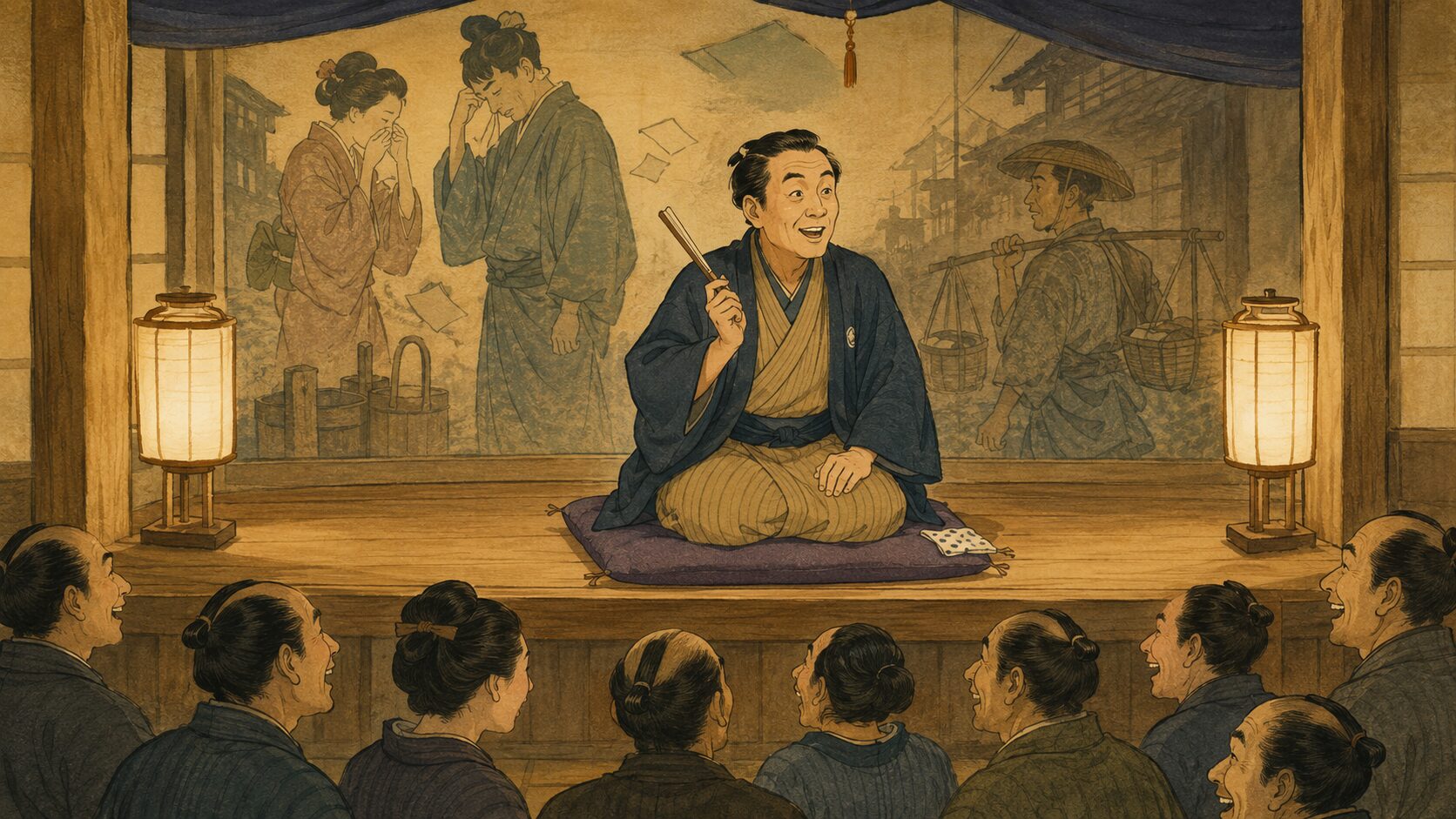 寄席の高座で小品落語『泣き塩』を語る噺家と笑う客席の余韻を描いた和風イラスト