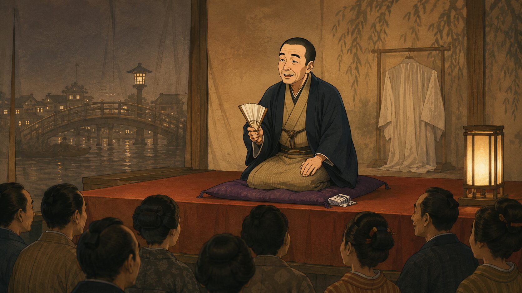 寄席の高座で怪談落語『長襦袢』を語る噺家と静かに聴く客席の余韻を描いた和風イラスト