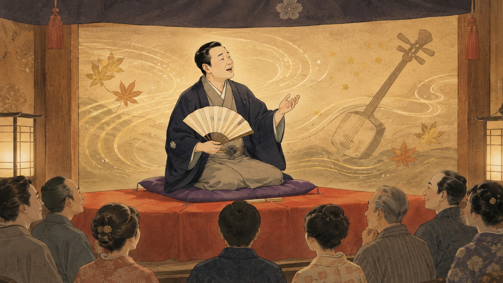寄席の高座で『豊竹屋』の音曲落語を語る噺家と客席の余韻を描いた和風イラスト