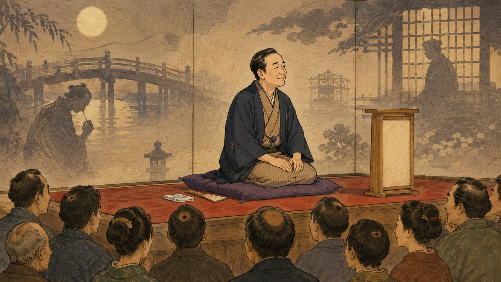 寄席の高座で『土橋萬歳』を語り終えた余韻を描いた落ち着いた和風イラスト