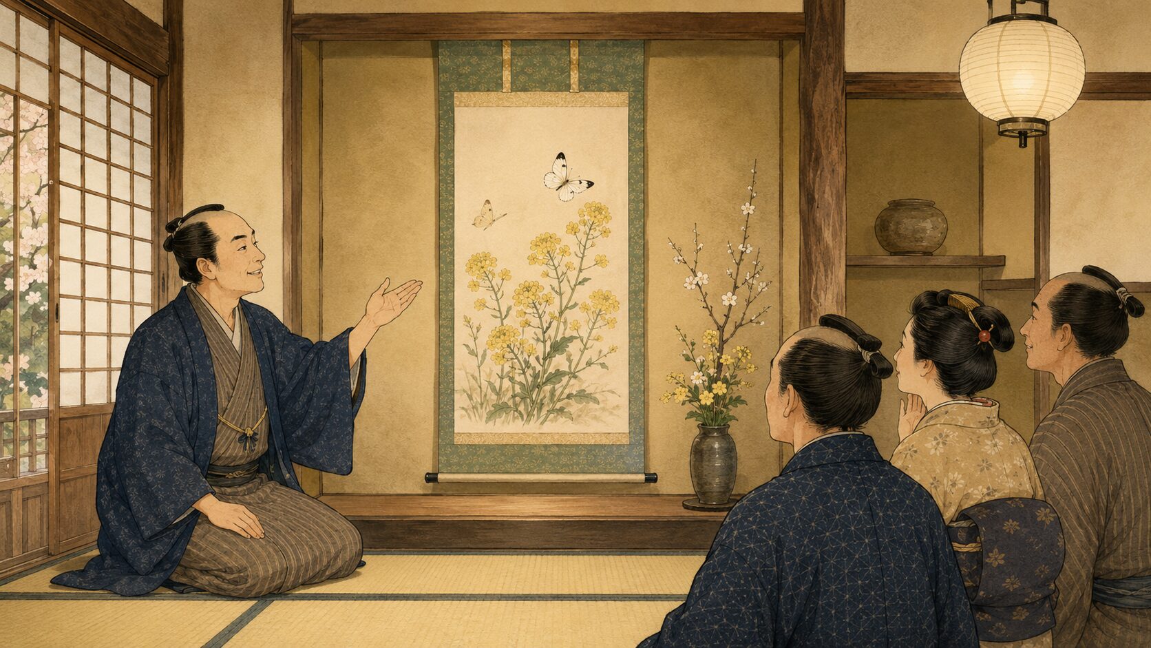 町家の座敷で蝶の掛け物を眺める『菜種切り』前半の風雅な場面