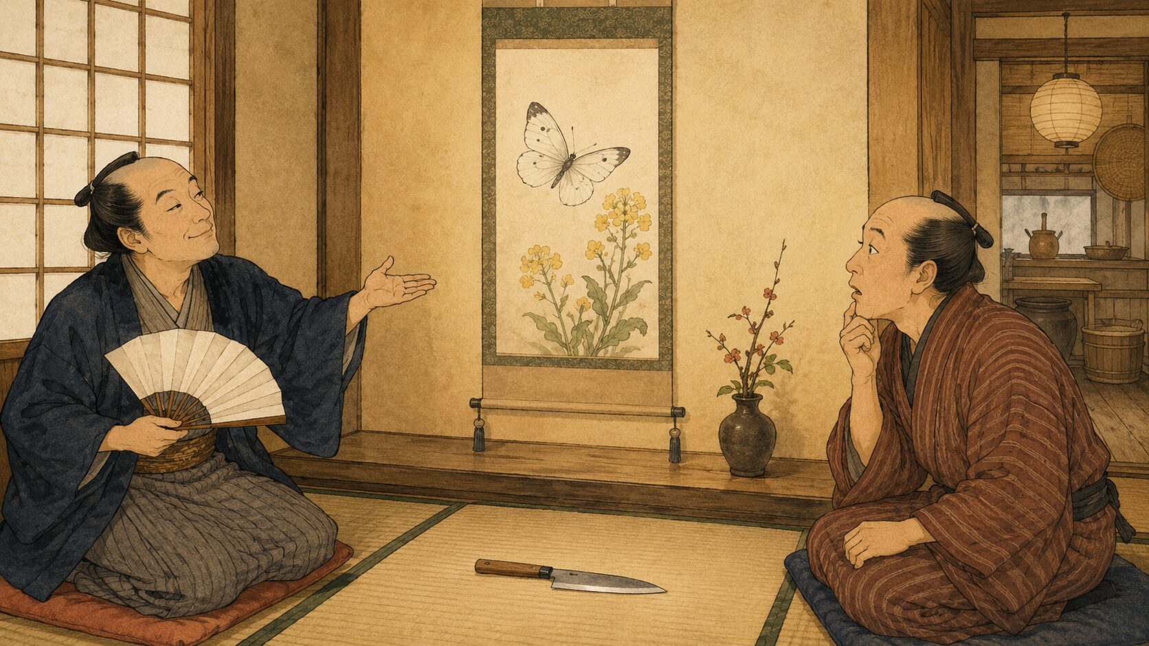 蝶の掛け物に菜切包丁を添えて見立ての洒落を示す『菜種切り』のサゲ場面