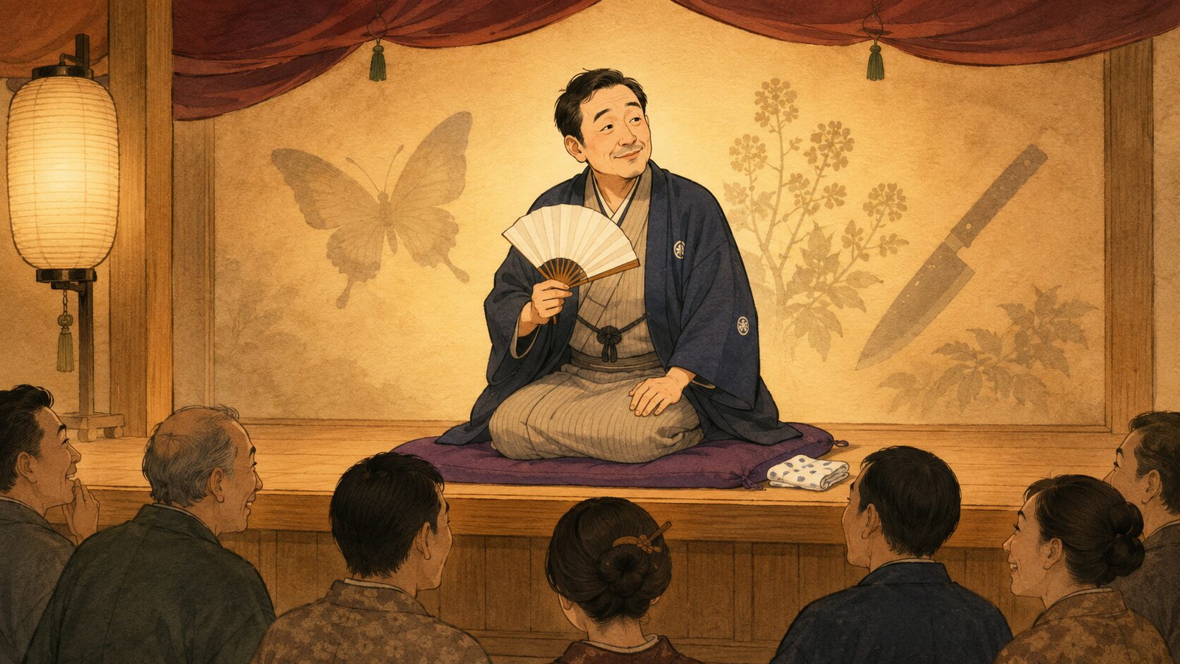 寄席の高座で見立て小品『菜種切り』を語る噺家と客席の余韻を描いた和風イラスト