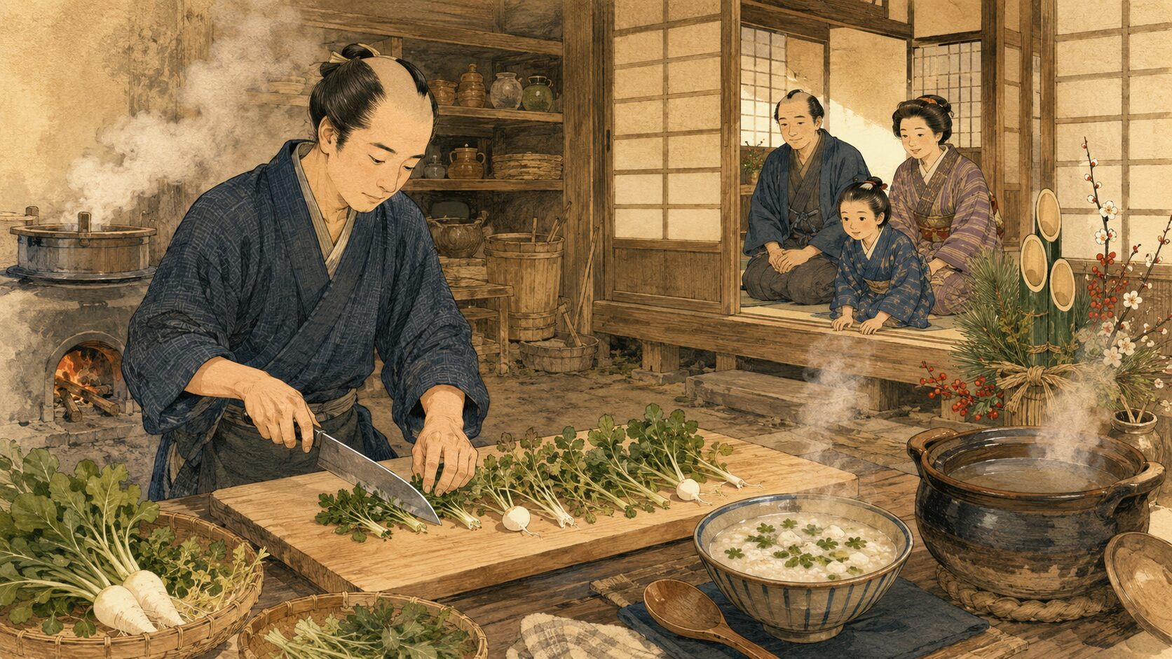 正月七日の朝に町家で七草粥の若菜を刻む『七草』前半の季節感ある場面