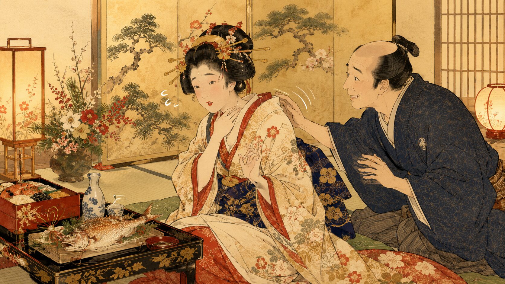 吉原の座敷で七越太夫が魚の骨に慌てる『七草』のサゲ前後を描いた和風イラスト