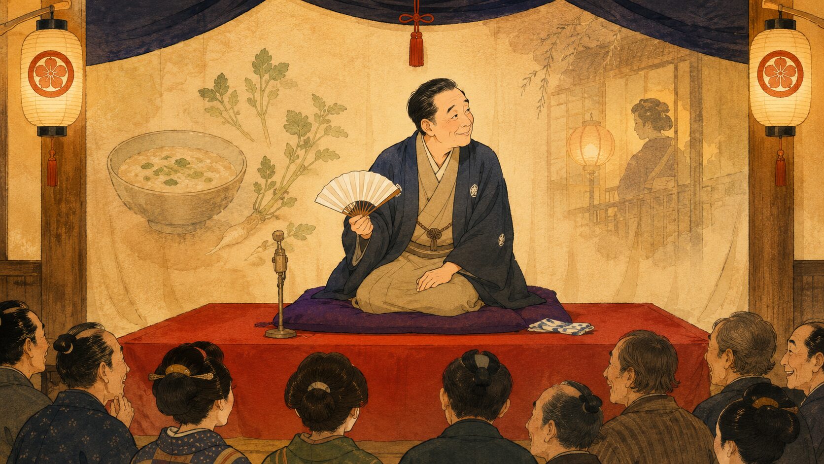 寄席の高座で正月小噺『七草』を語る噺家と笑う客席の余韻を描いた和風イラスト