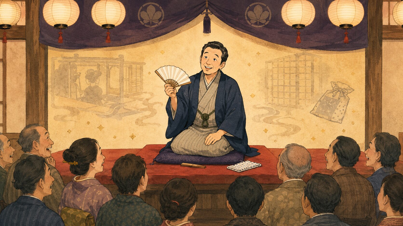 寄席の高座で艶笑寄りの滑稽噺『なめる』を語る噺家と笑う客席の余韻を描いた和風イラスト