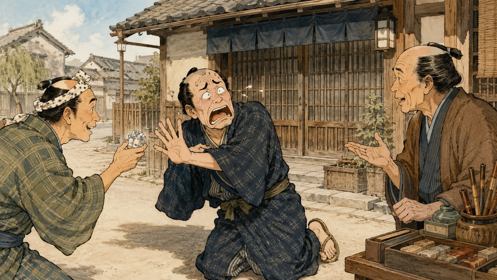 空き家の寮の前で真相を知った八五郎が気付け薬を嫌がる『なめる』のサゲ場面