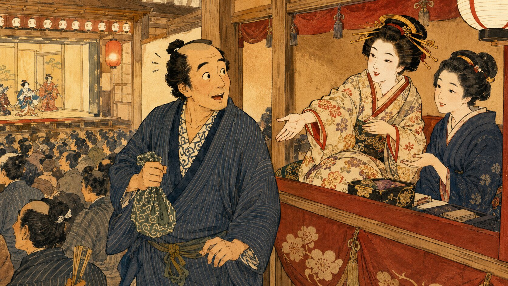 芝居小屋で八五郎がお嬢さまと女中に升席へ招かれる『なめる』前半の場面