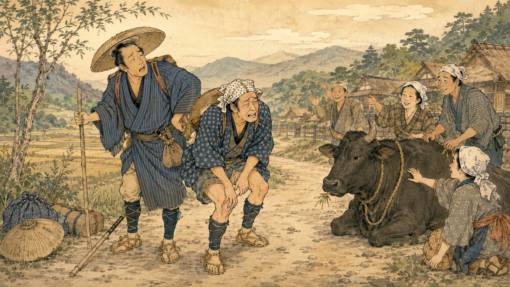 熊野詣りの道中で喜六と清八が牛の藪入りに出会う『南海道牛かけ』前半の場面