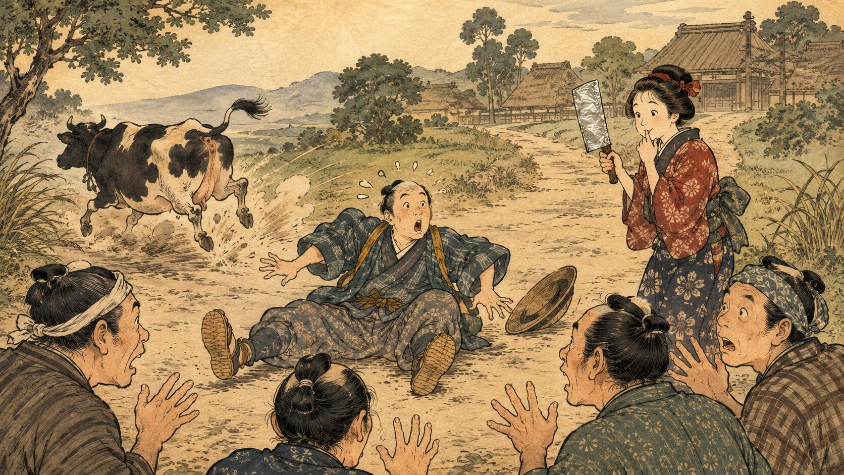 牛から落ちた喜六が偽包丁を持つ娘に迫られる『南海道牛かけ』の騒動場面