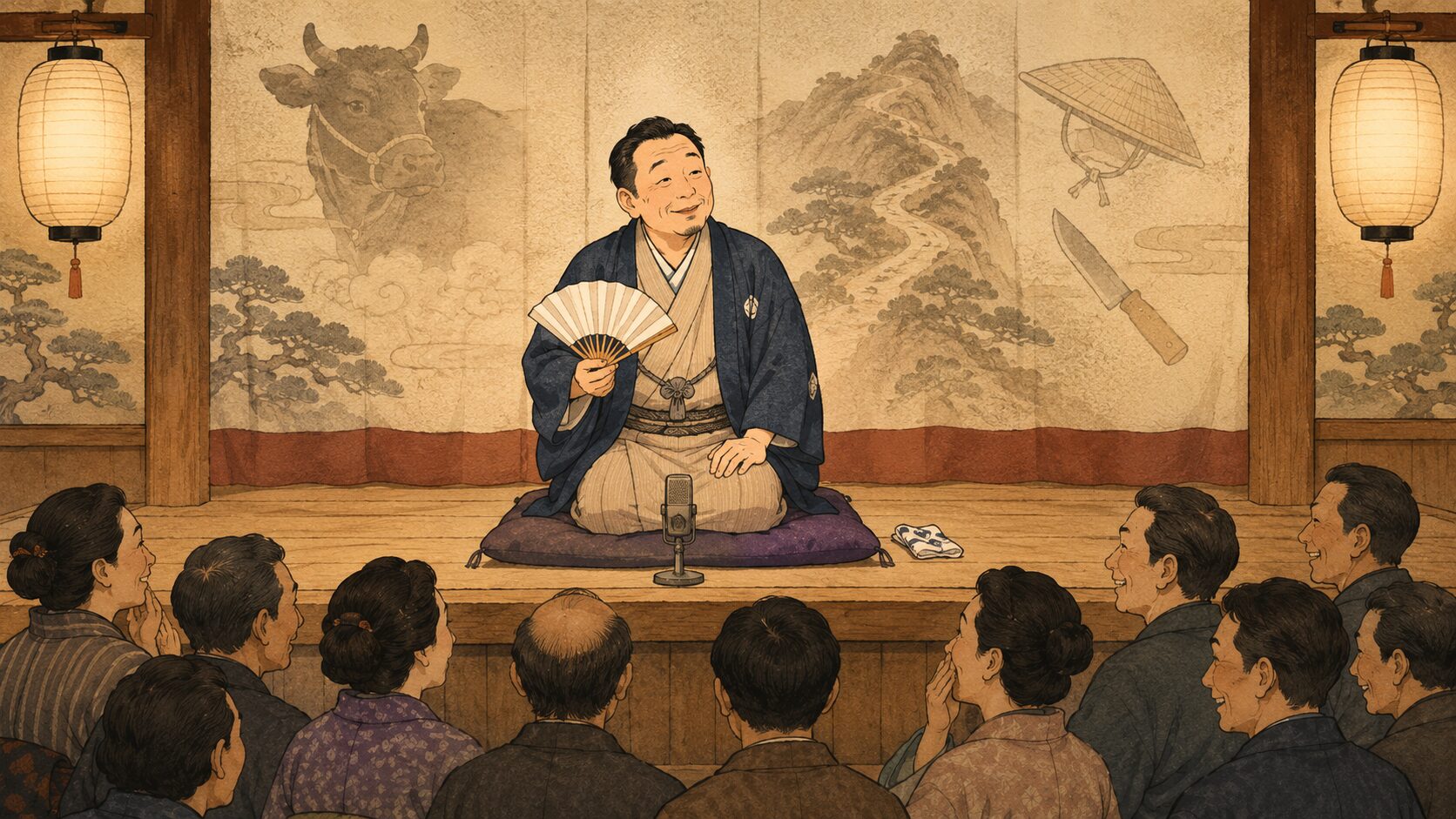 寄席の高座で上方落語『南海道牛かけ』を語る噺家と笑う客席の余韻を描いた和風イラスト