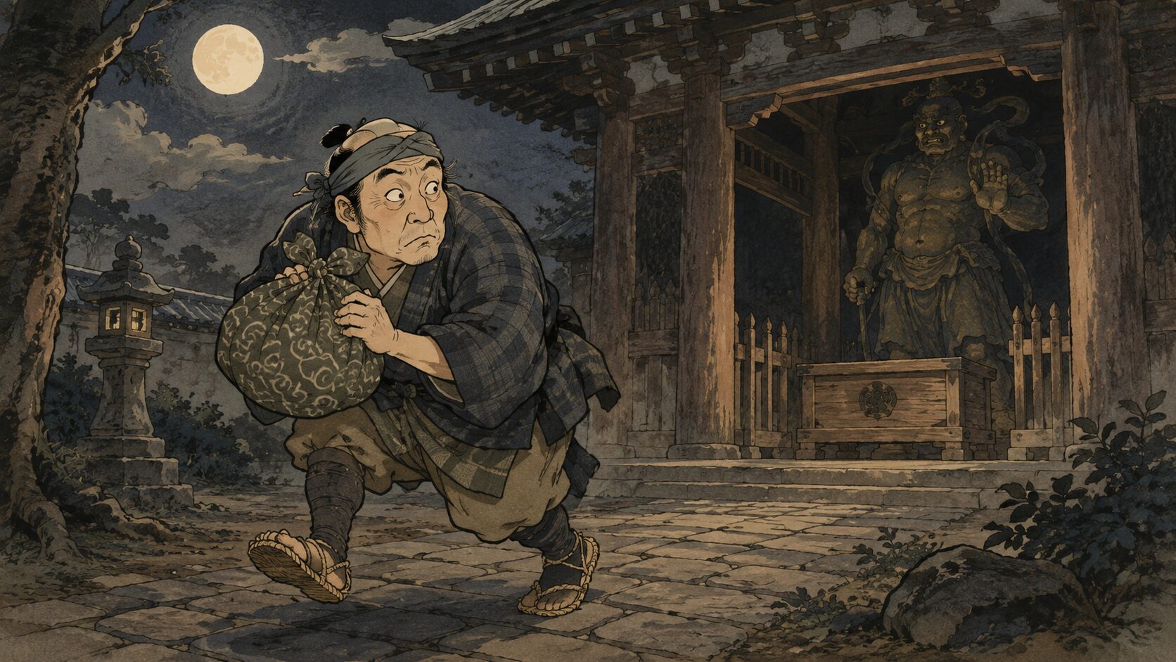 夜の寺へ忍び込む泥棒と仁王門の影を描いた『仁王』前半の場面
