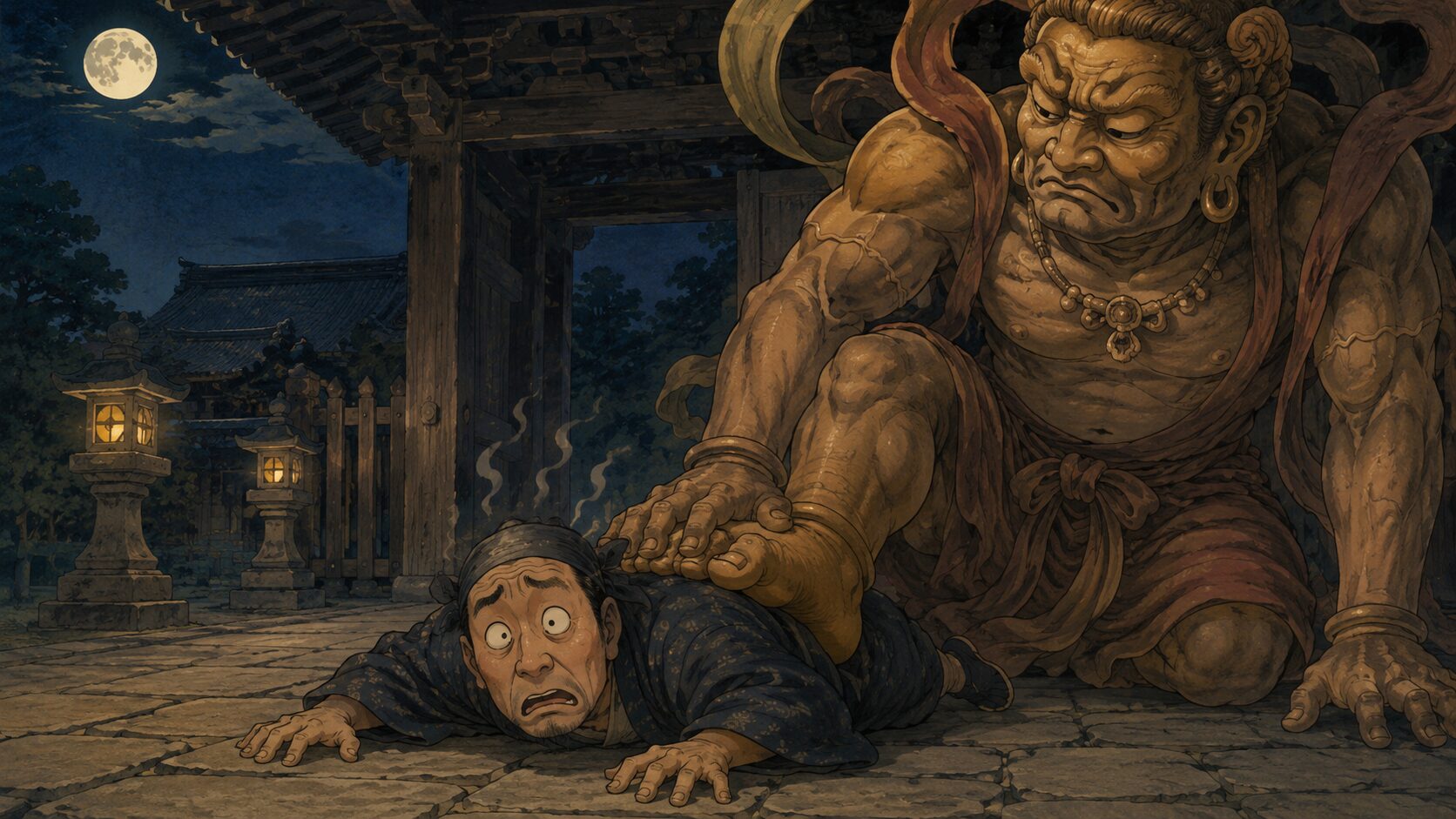 仁王様に押さえつけられた泥棒の情けない反応を描いた『仁王』のサゲ場面