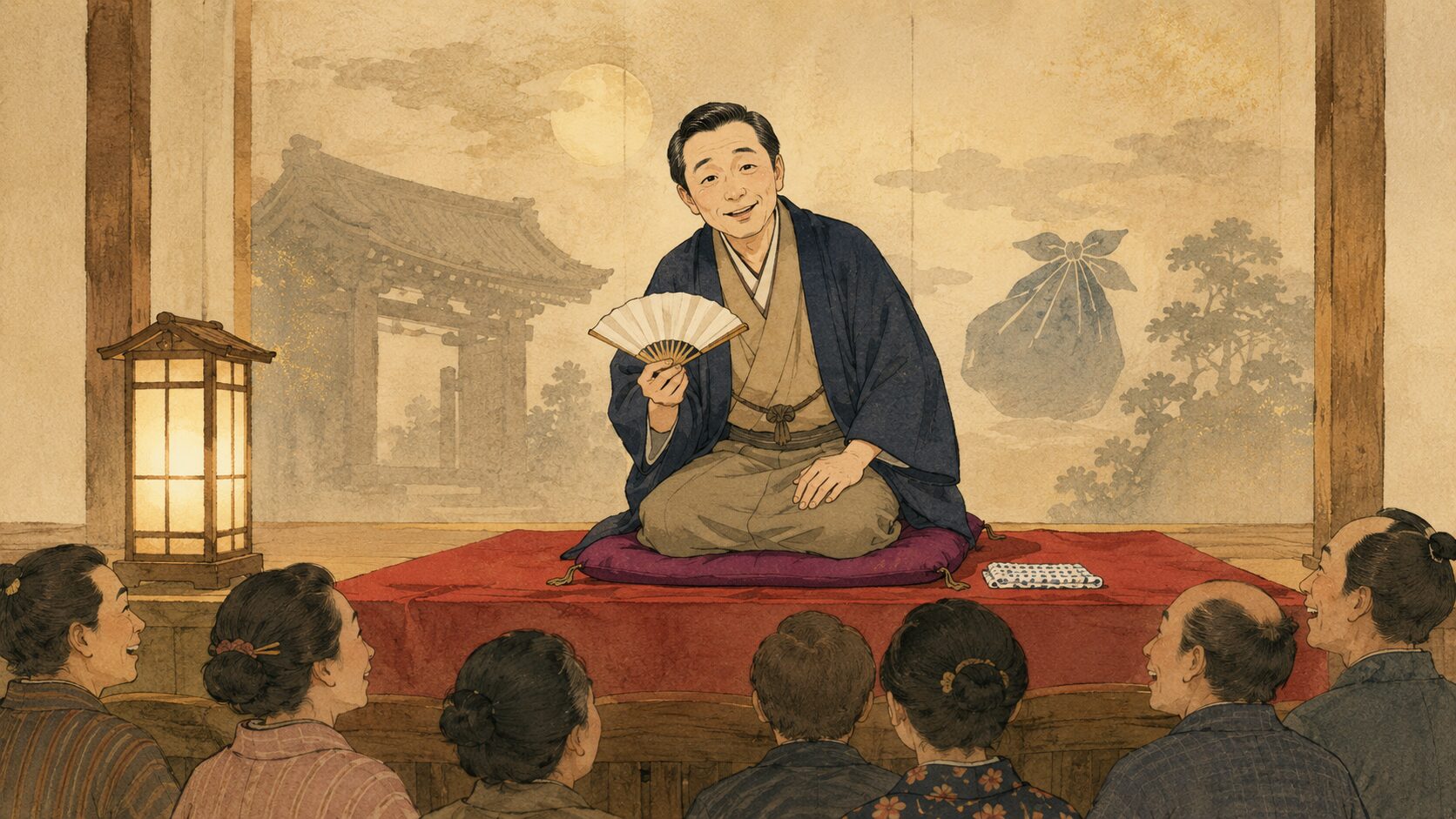 寄席の高座で泥棒小噺『仁王』を語る噺家と笑う客席の余韻を描いた和風イラスト