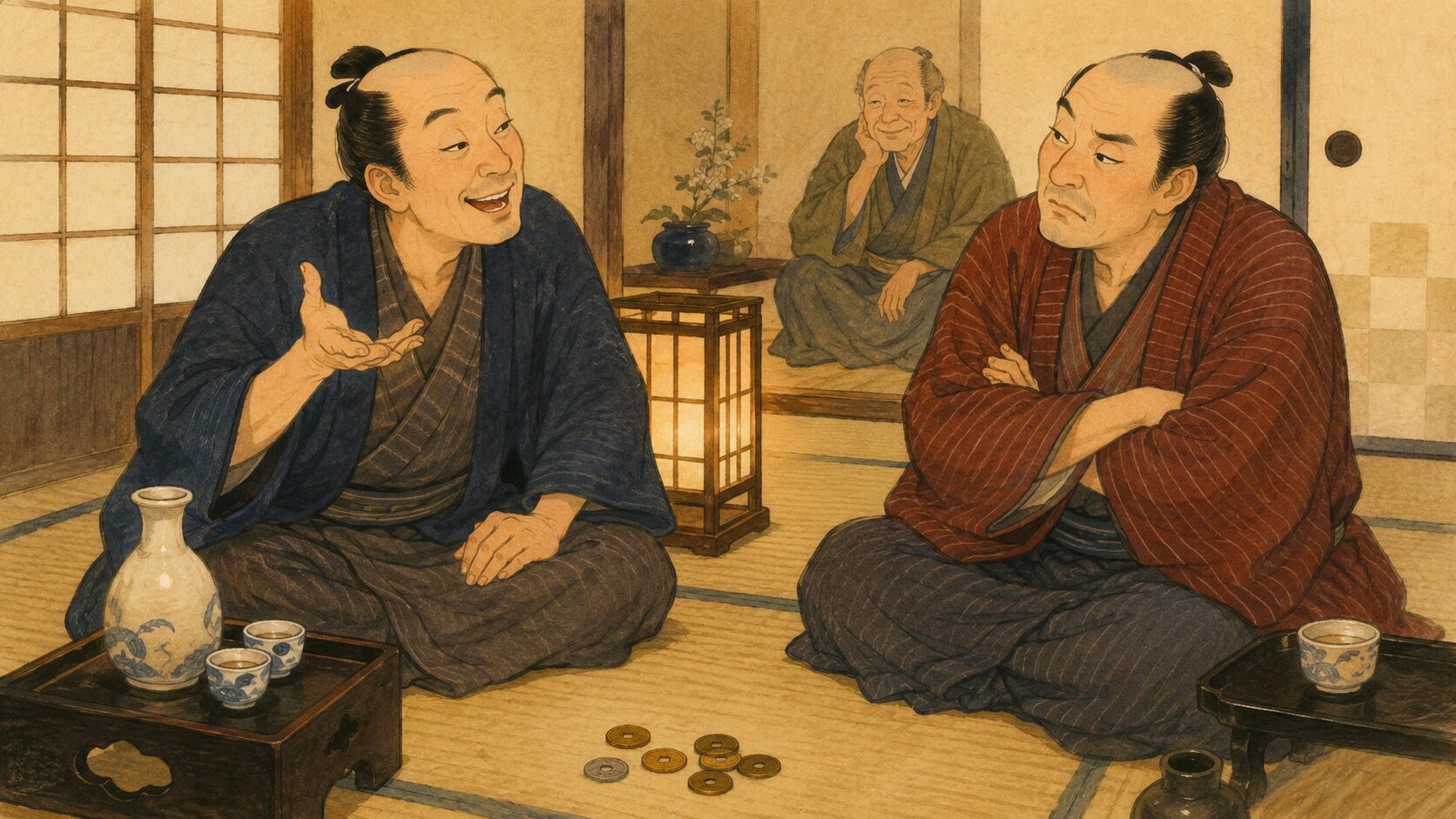 町家の座敷で二人の男が互いの口癖を指摘し合う『二人癖』前半の場面