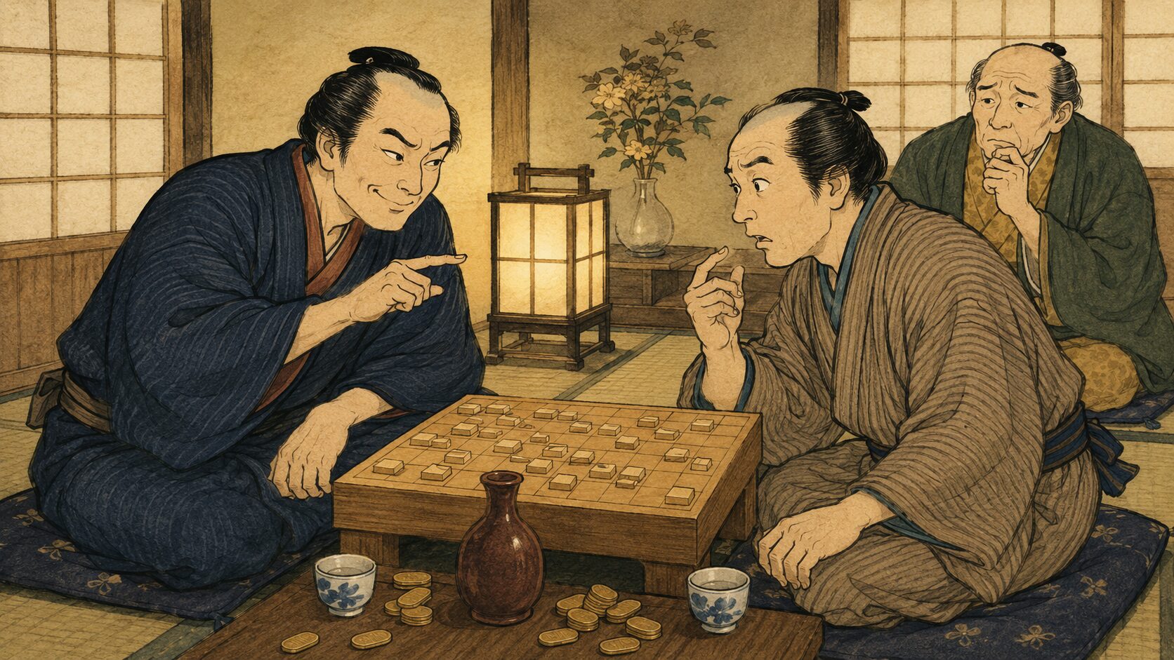 将棋盤を前に二人の男が口癖を言わせようと駆け引きする『二人癖』の見どころ場面