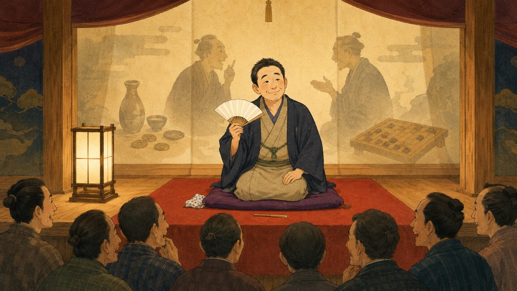 寄席の高座で口癖の滑稽噺『二人癖』を語る噺家と笑う客席の余韻を描いた和風イラスト
