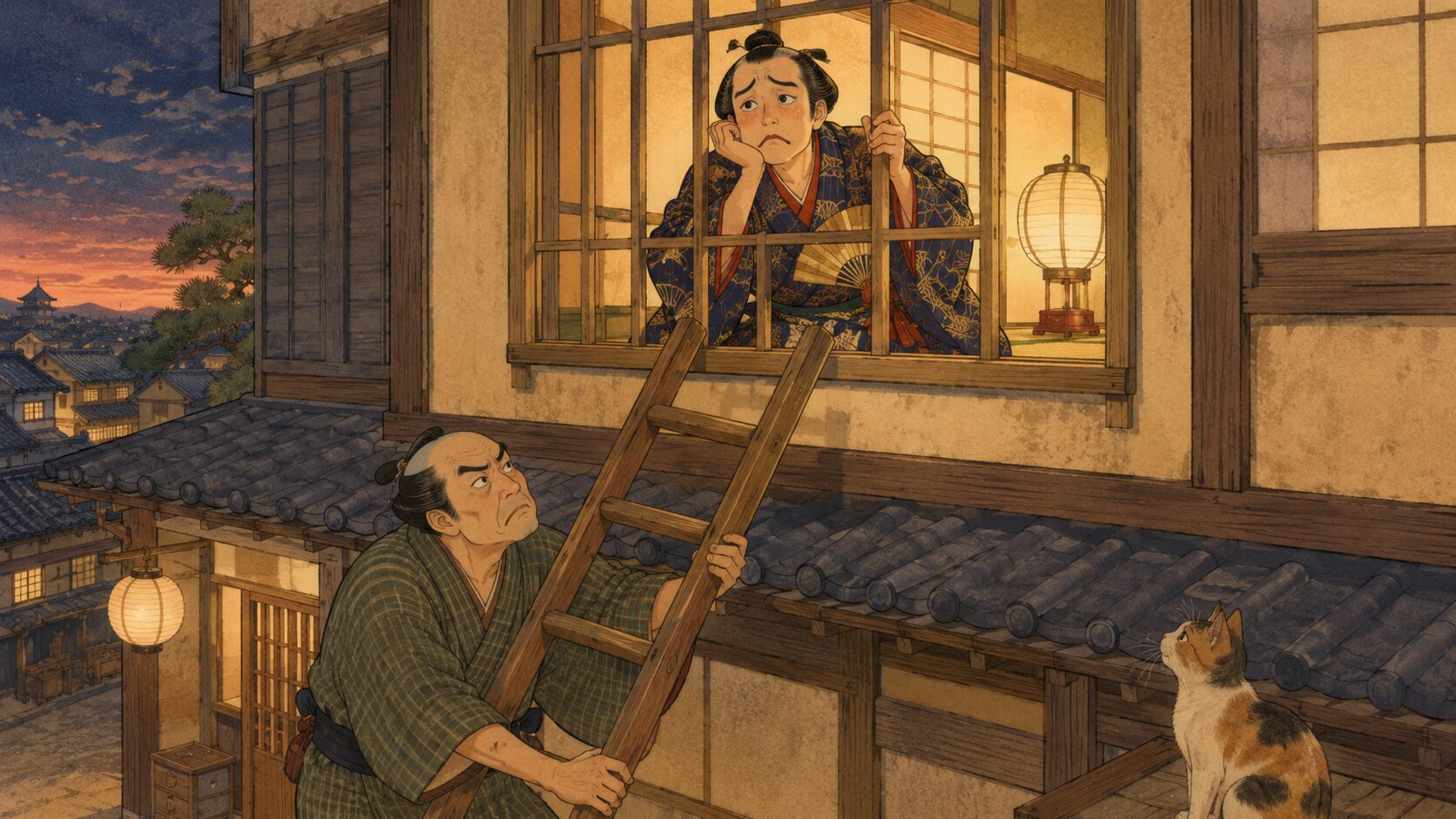 芝居狂いの若旦那が父親に二階へ閉じ込められる『猫芝居』前半の場面