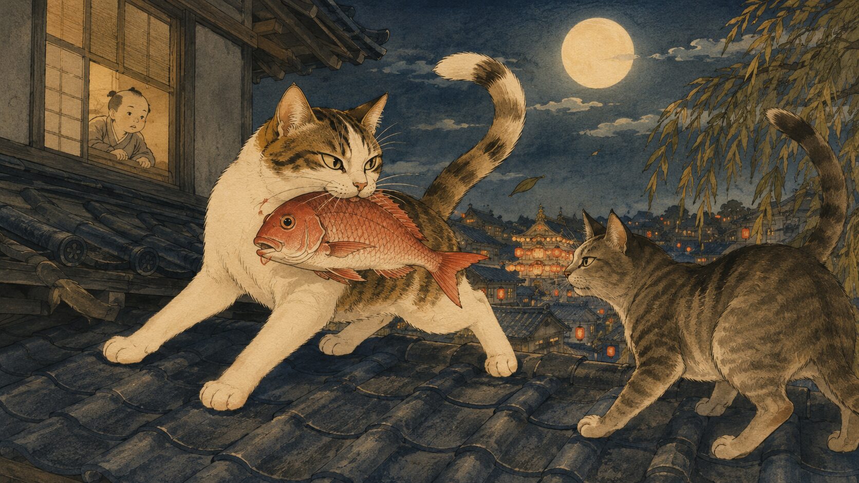鯛を運ぶ飼い猫の駒と隣家の猫が屋根の上で対決する『猫芝居』の見どころ場面