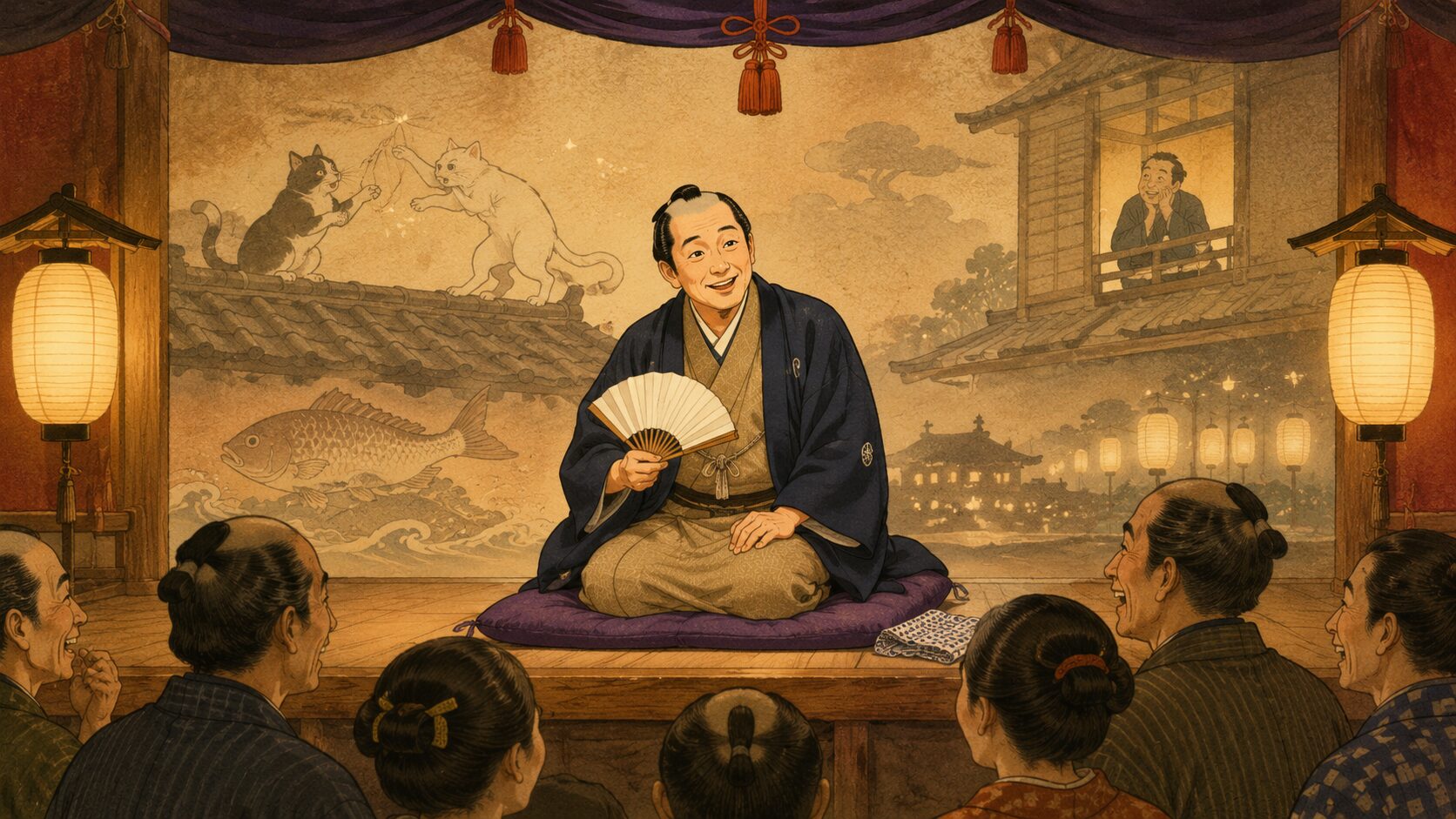 寄席の高座で動物芝居噺『猫芝居』を語る噺家と笑う客席の余韻を描いた和風イラスト