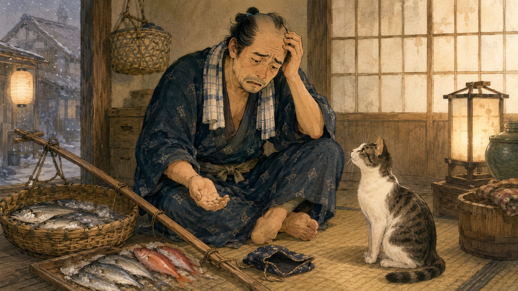魚屋の金さんが仕入れ金を失い猫の駒に愚痴をこぼす『猫の恩返し』前半の場面