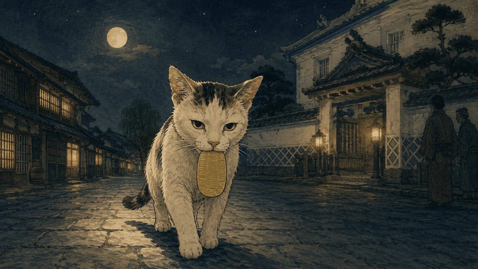 小判をくわえて夜道を歩く猫の駒を描いた『猫の恩返し』の切ない見どころ場面