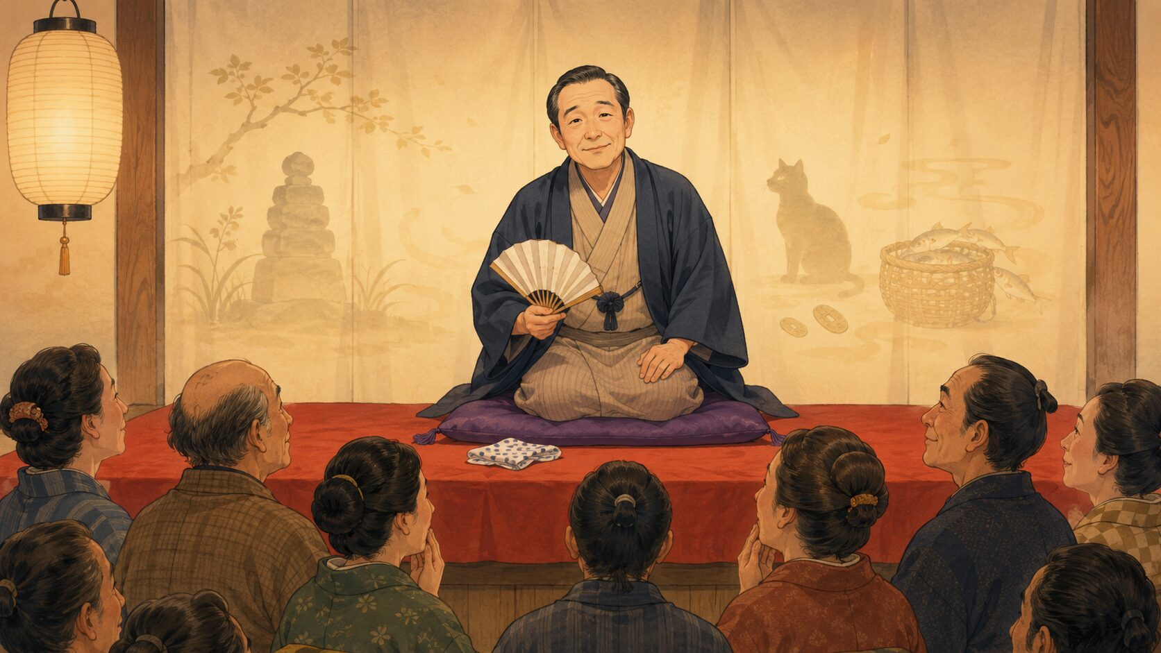 寄席の高座で人情噺『猫の恩返し』を語る噺家と静かに聴く客席の余韻を描いた和風イラスト