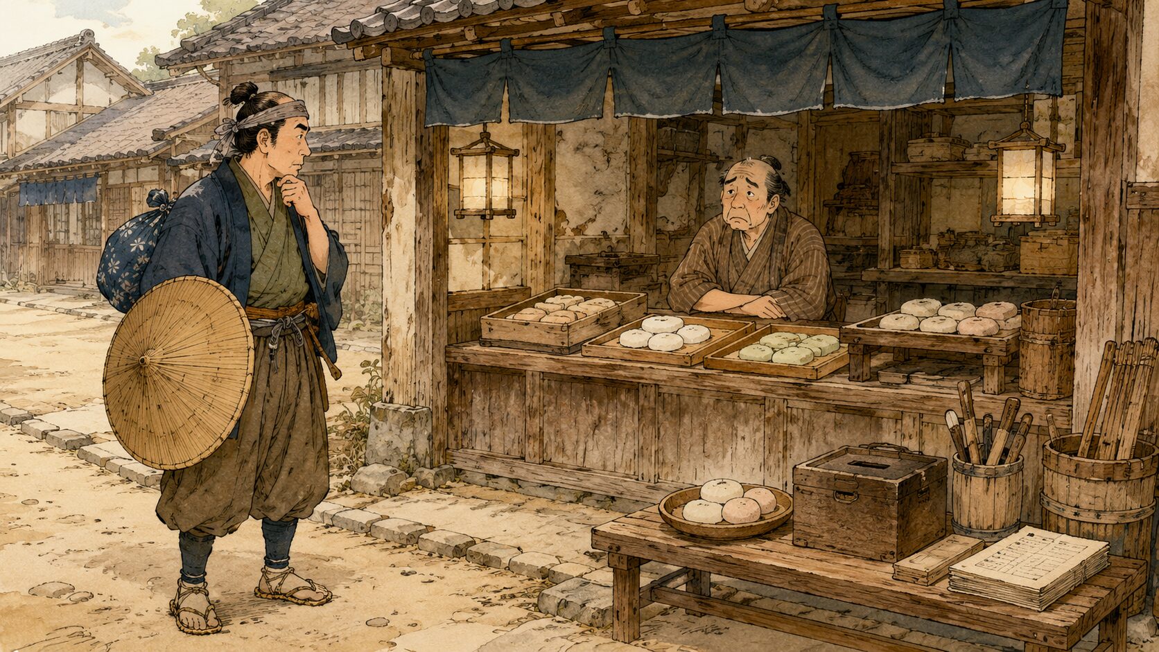 旅の左甚五郎が客足の遠のいた餅屋に立ち寄る『猫餅の由来』前半の場面