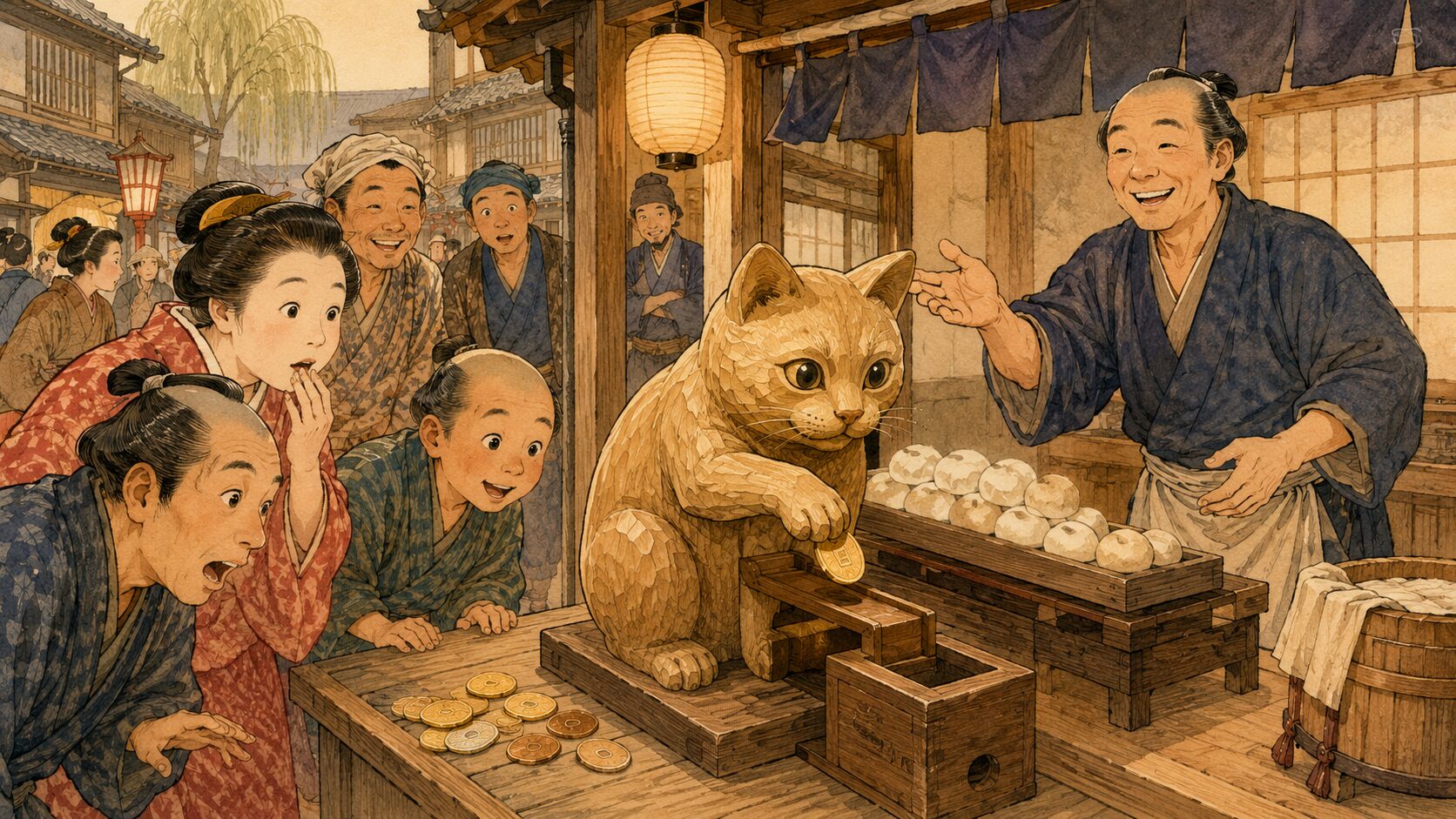 木彫りの猫が代金箱へ金を入れるように見える仕掛けで餅屋がにぎわう『猫餅の由来』の見どころ場面
