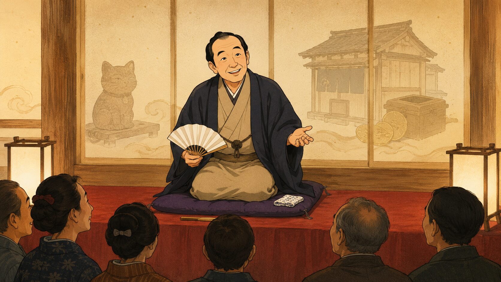 寄席の高座で左甚五郎もの『猫餅の由来』を語る噺家と客席の余韻を描いた和風イラスト