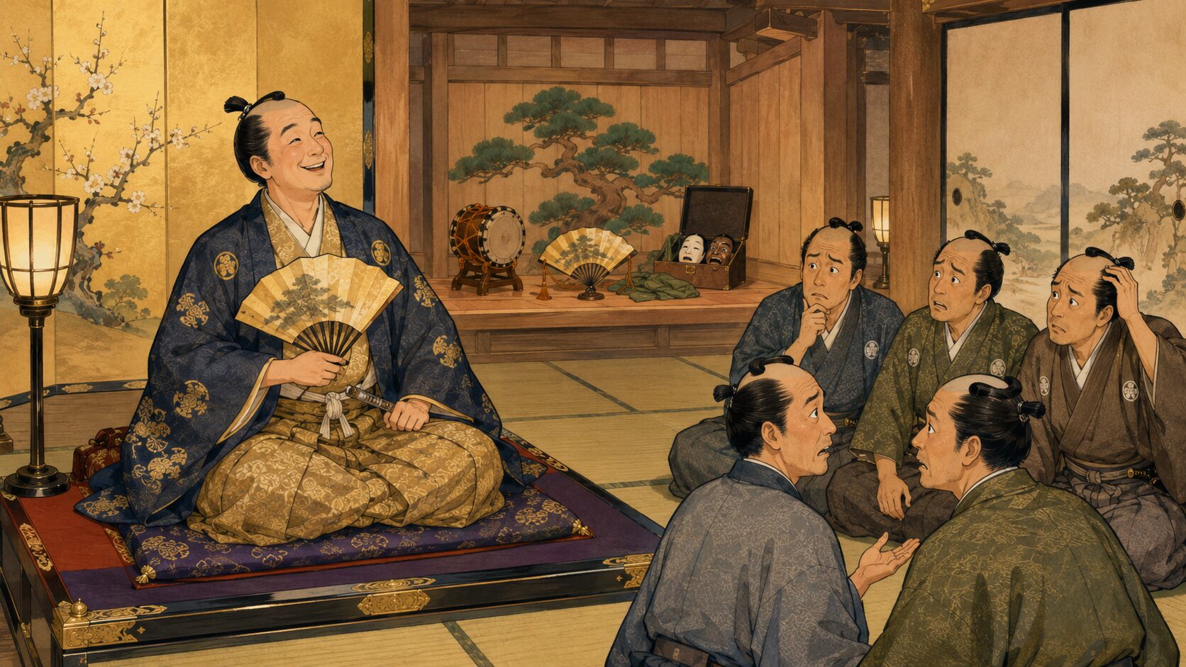 但馬の殿様が国元で能狂言を命じ家臣たちが困り果てる『能狂言』前半の場面