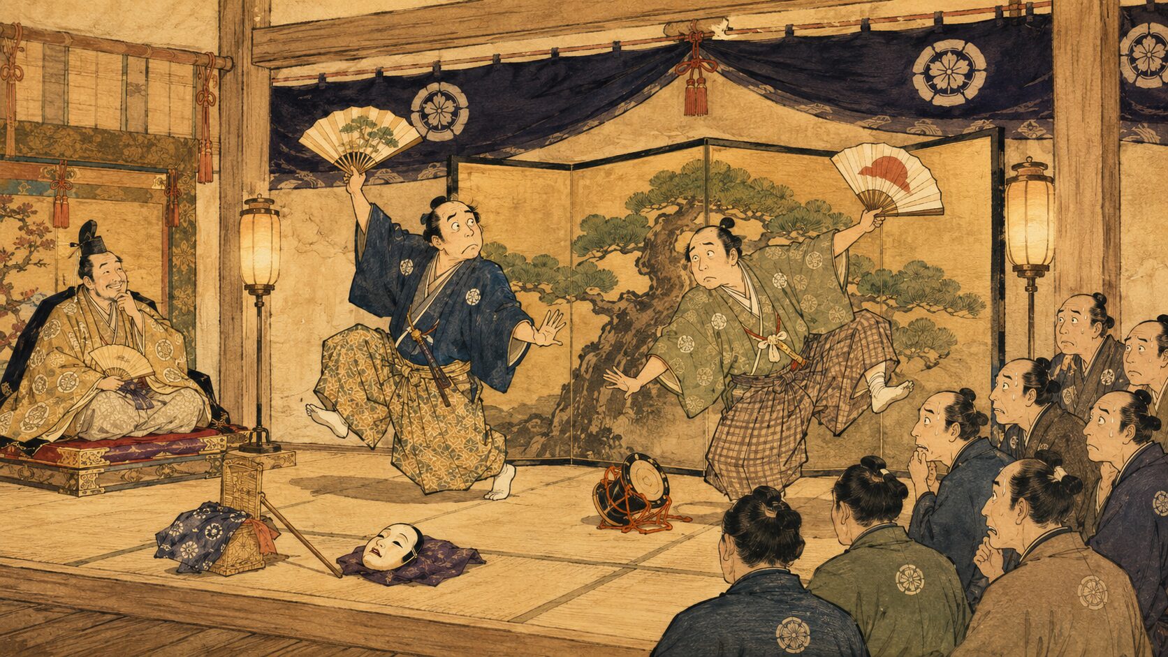 二人の噺家が城内ででたらめな能狂言をそれらしく演じる『能狂言』の見どころ場面