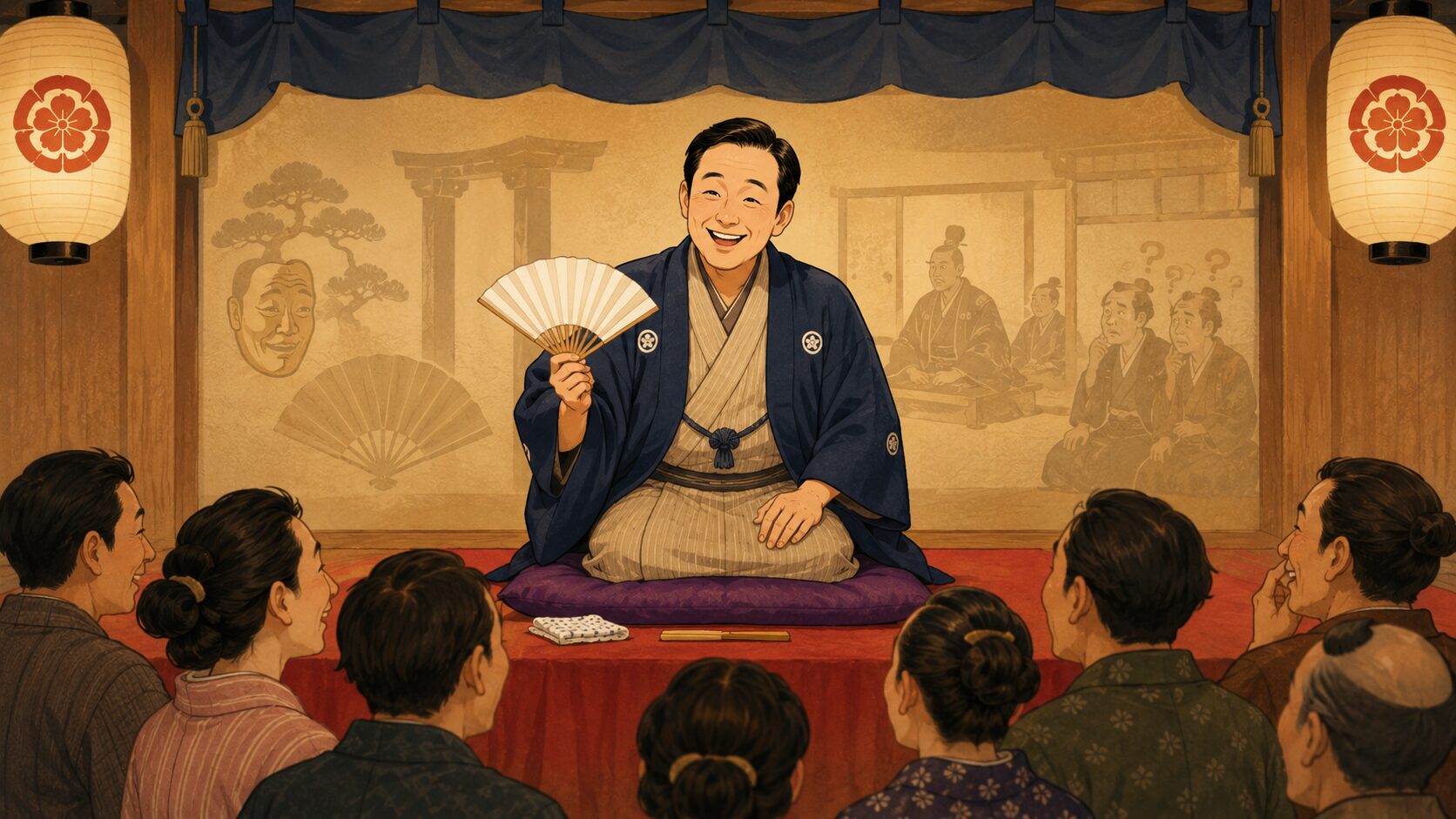 寄席の高座で殿様噺『能狂言』を語る噺家と笑う客席の余韻を描いた和風イラスト