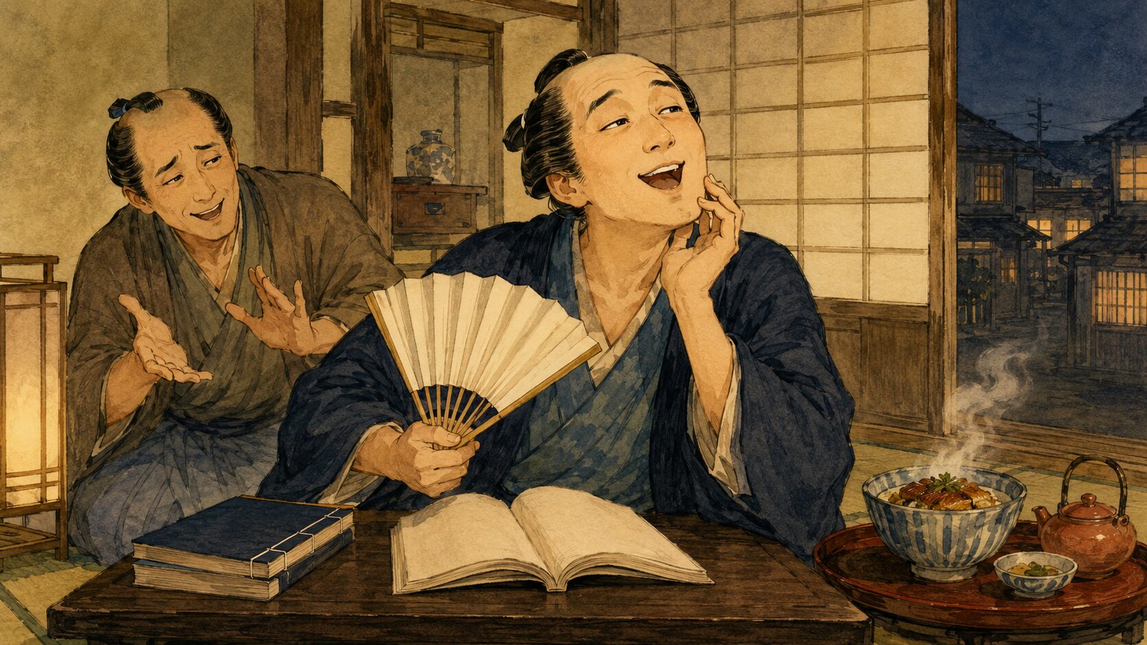 浄瑠璃好きの男が軒付け修行をすすめられ鰻の茶漬けに惹かれる『軒付け』前半の場面