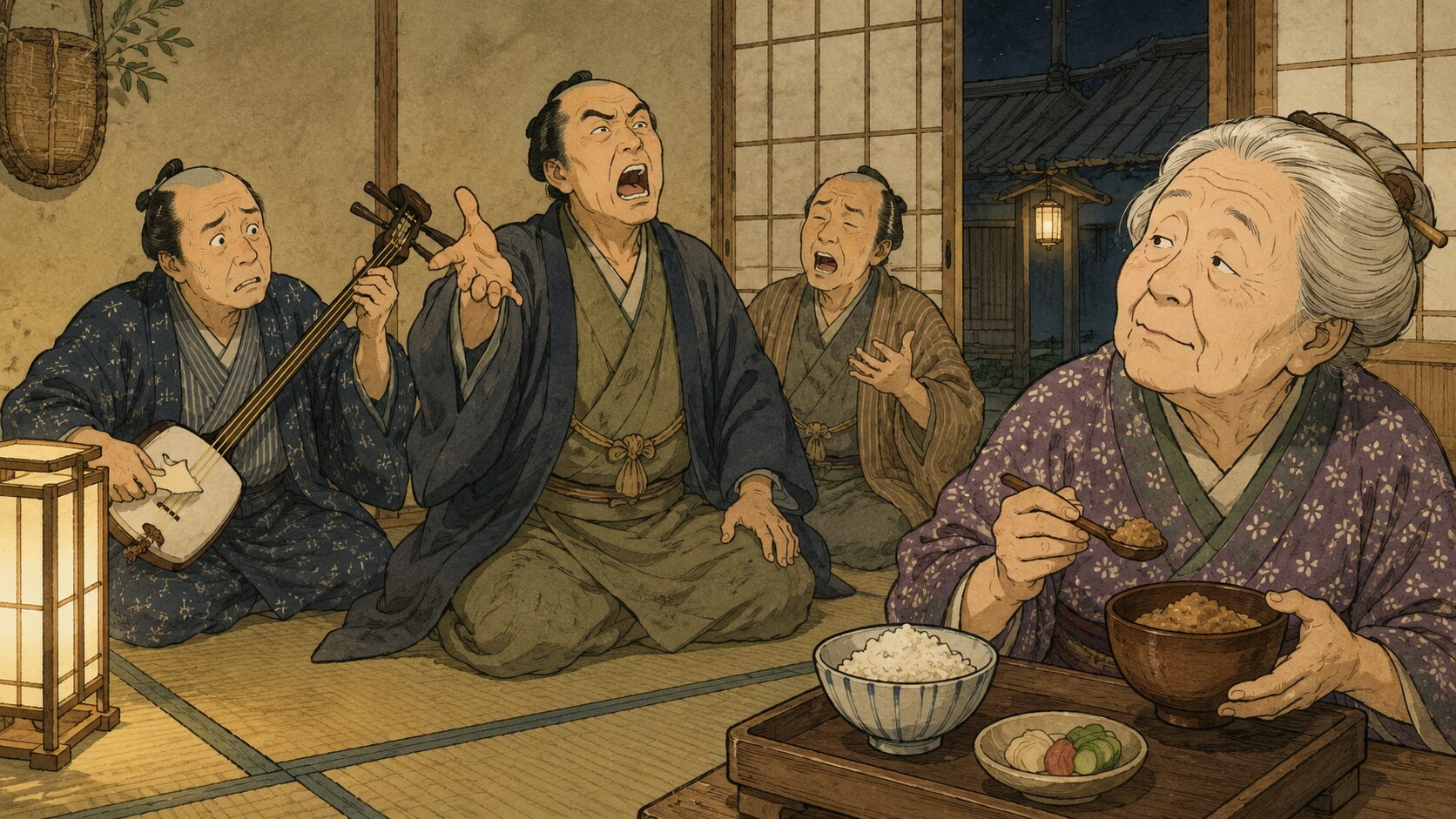 耳の遠い婆さんが味噌を食べながら下手な浄瑠璃を聞く『軒付け』のサゲ場面