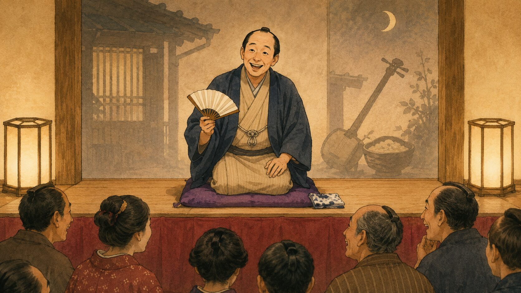 寄席の高座で上方落語『軒付け』を語る噺家と笑う客席の余韻を描いた和風イラスト