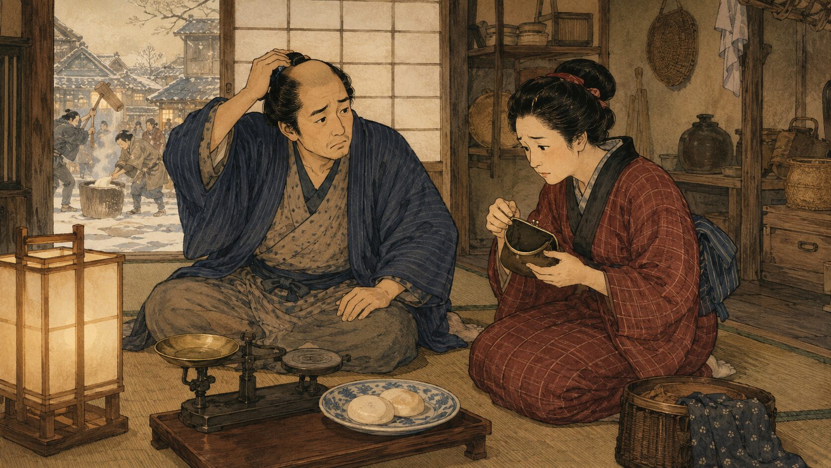 大晦日の長屋で夫婦が正月の餅をどう用意するか相談する『はかり餅』前半の場面