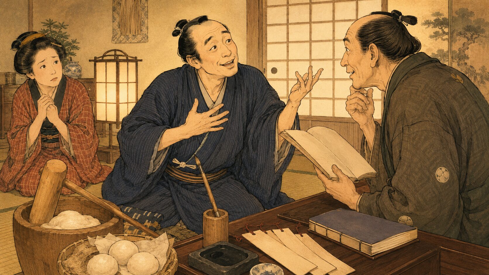 店賃を払えない夫が狂歌好きの家主を言葉遊びでかわそうとする『はかり餅』の見どころ場面