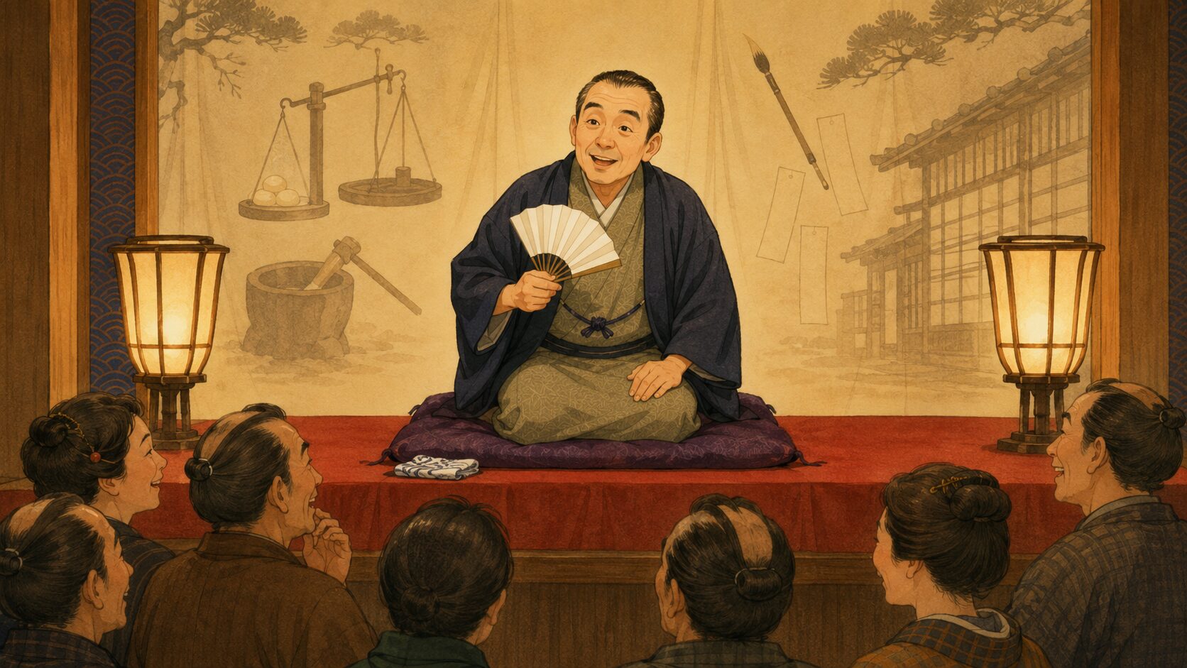 寄席の高座で年の瀬の上方落語『はかり餅』を語る噺家と笑う客席の余韻を描いた和風イラスト