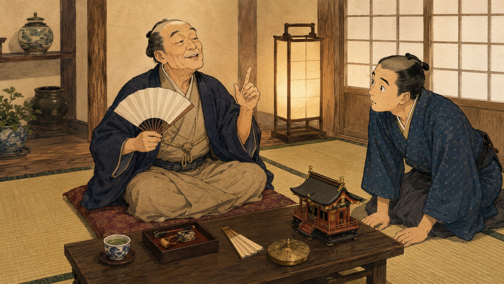 町家の座敷で隠居が若い者に八のありがたさを語る『八問答』前半の場面