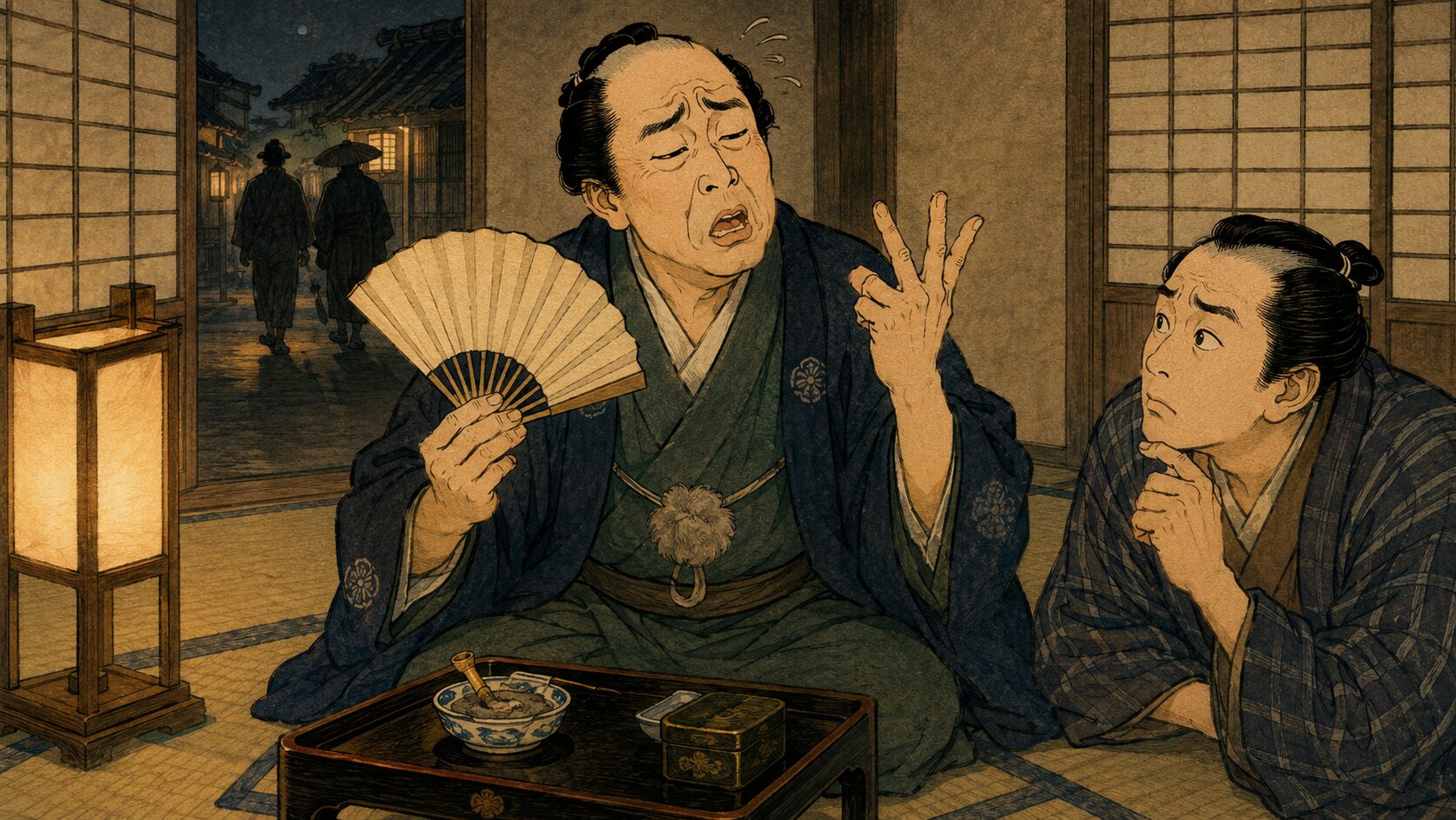 隠居が若い者の質問に強引なこじつけで答える『八問答』の見どころ場面