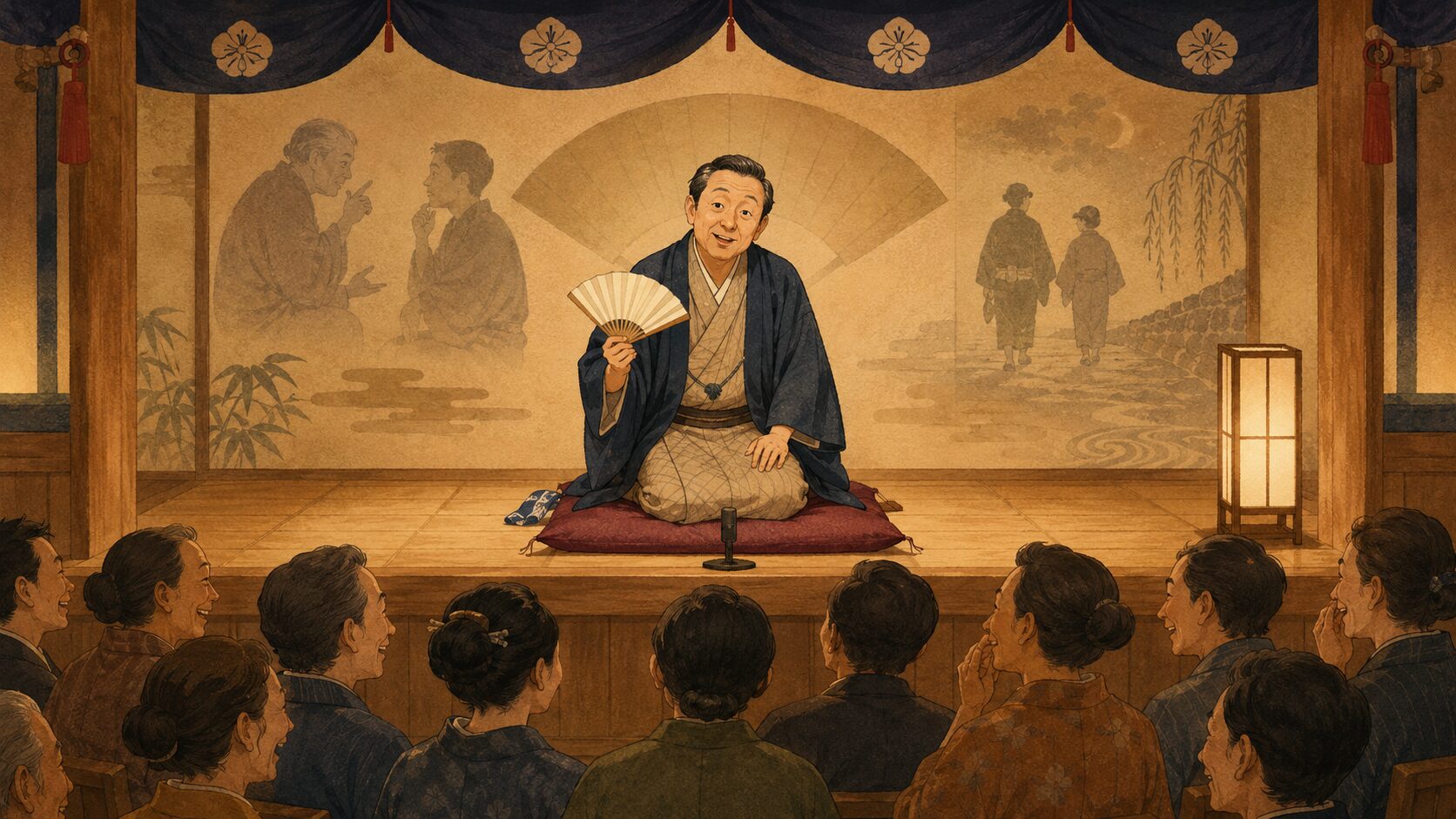 寄席の高座で問答噺『八問答』を語る噺家と笑う客席の余韻を描いた和風イラスト