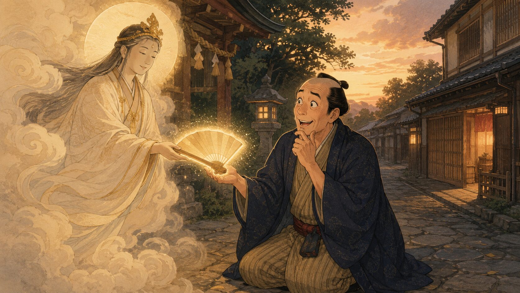 喜六が神様から鼻を伸ばす不思議な団扇を授かる『花の都』前半の場面