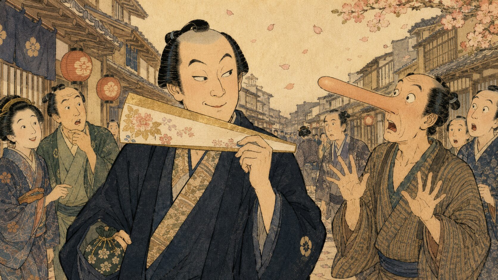 喜六が不思議な団扇で町人の鼻を伸ばして騒ぎを起こす『花の都』の見どころ場面