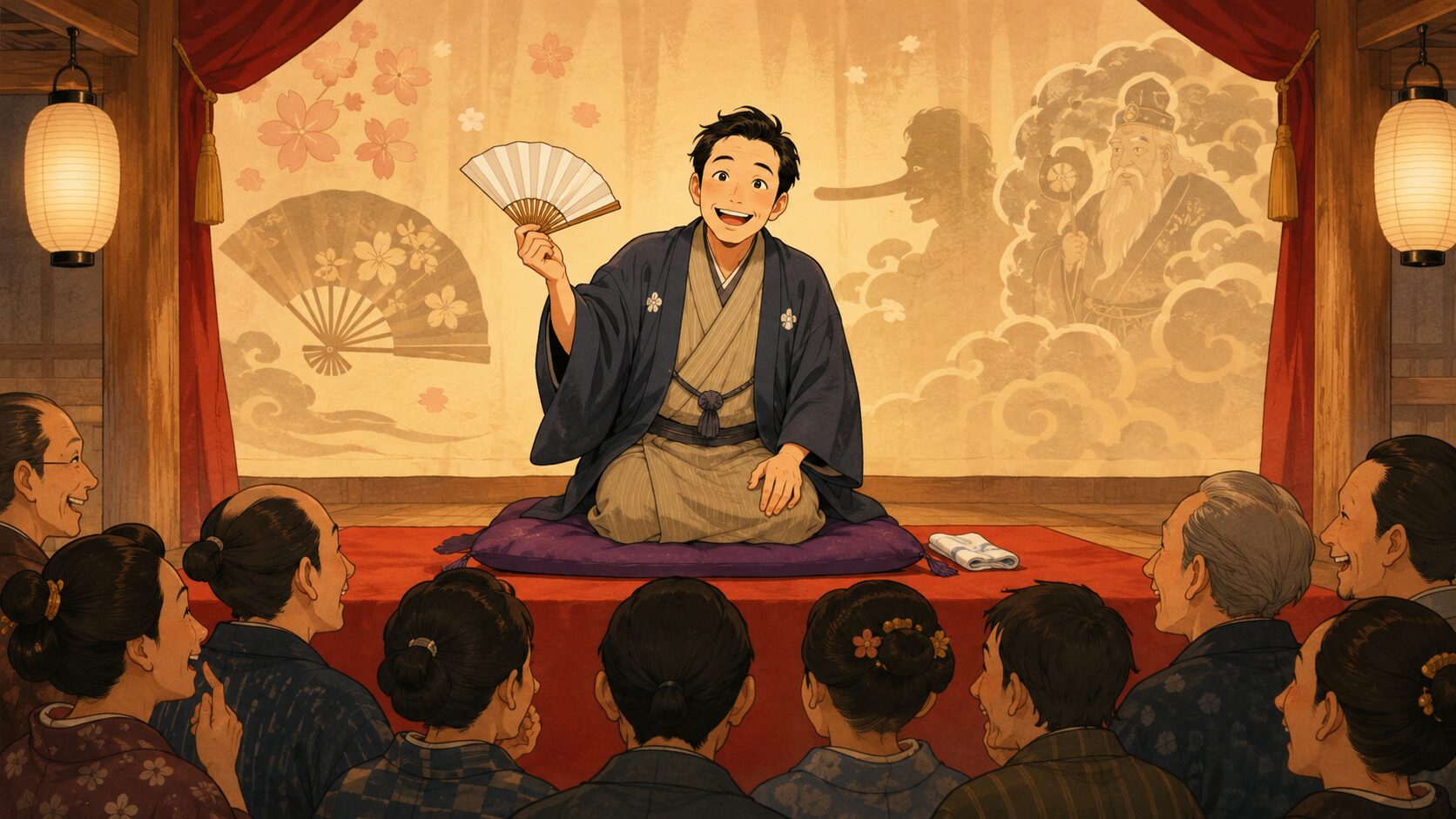 寄席の高座で昔話風の落語『花の都』を語る噺家と笑う客席の余韻を描いた和風イラスト